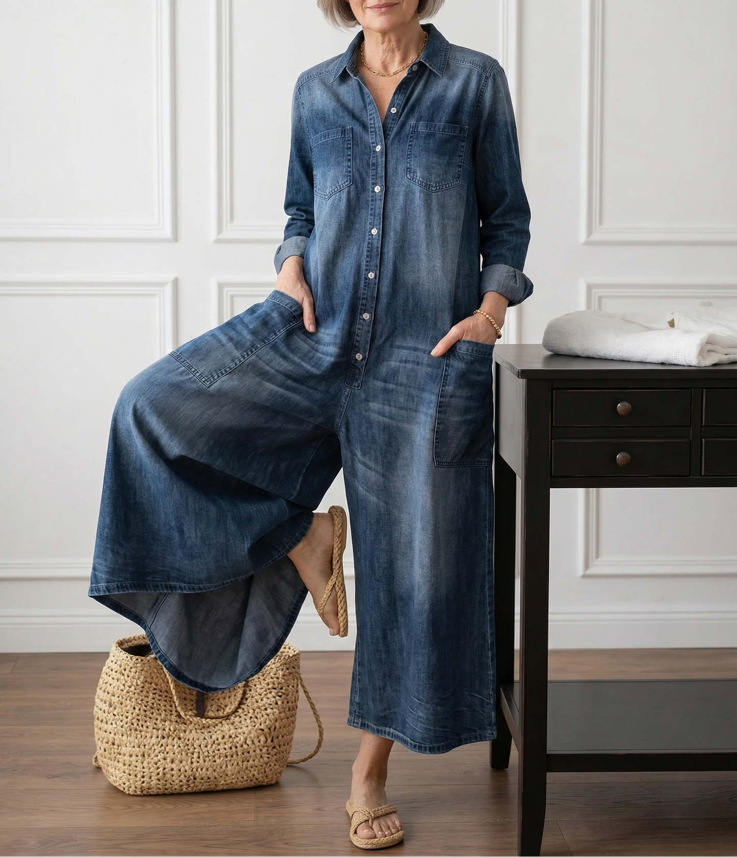 Diana | Mono de denim de algodón con lavado vintage y cierre de botones
