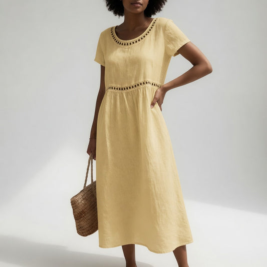 Pernelle™ — Vestido de largo medio, 100 % algodón, con bordados que le dan un toque femenino y delicado
