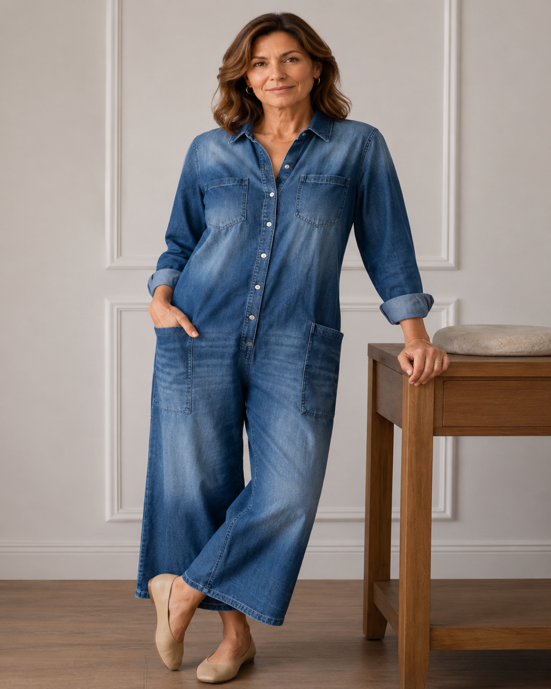 Diana | Mono de denim de algodón con lavado vintage y cierre de botones