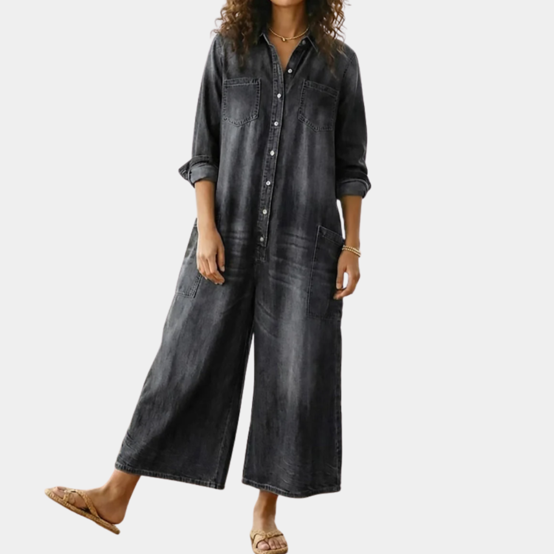 Diana | Mono de denim de algodón con lavado vintage y cierre de botones