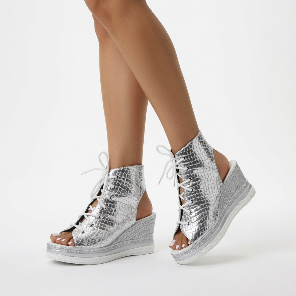 Lacéoline™ — Zapatillas con cuña, puntera abierta y cordones, de estilo urbano