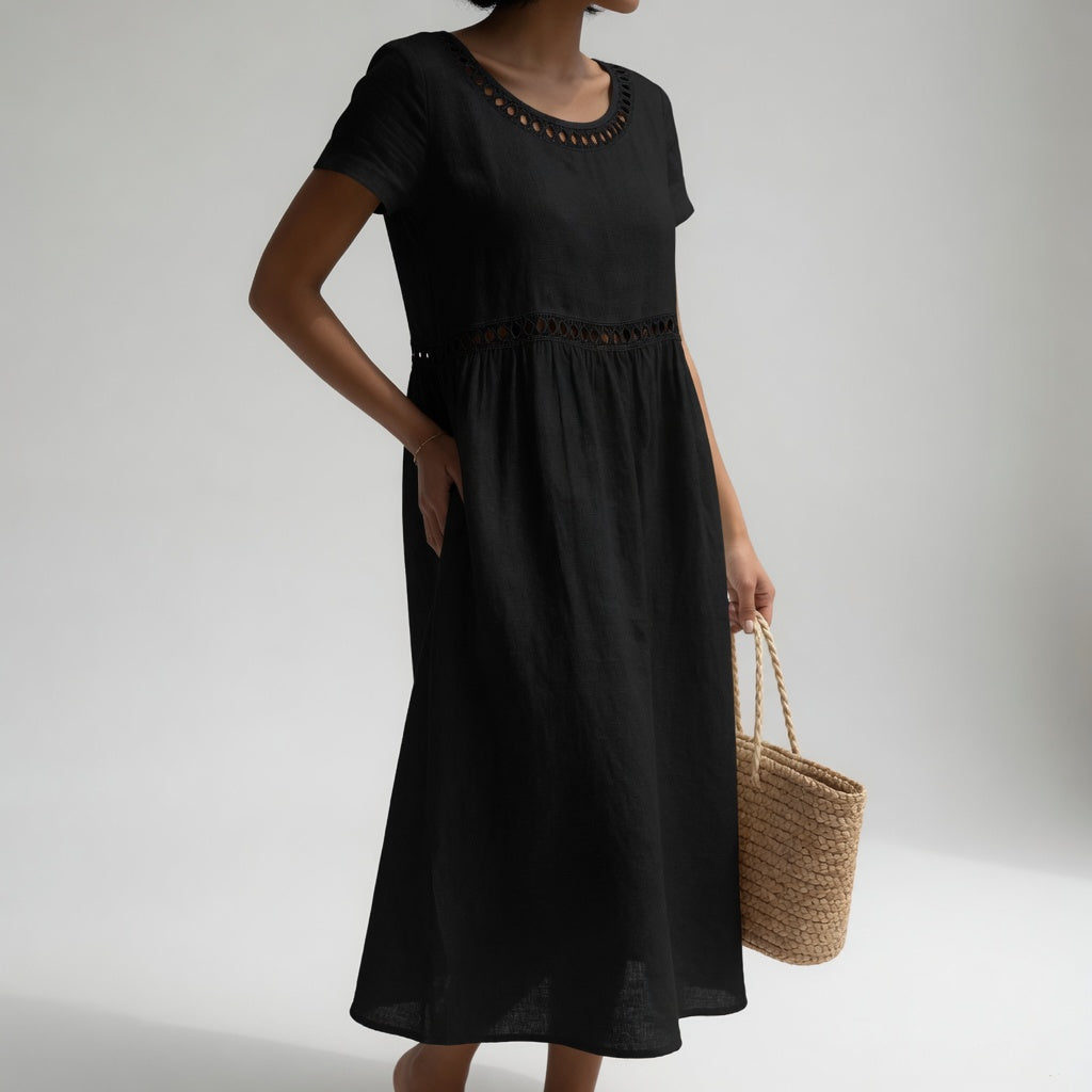 Pernelle™ — Vestido de largo medio, 100 % algodón, con bordados que le dan un toque femenino y delicado