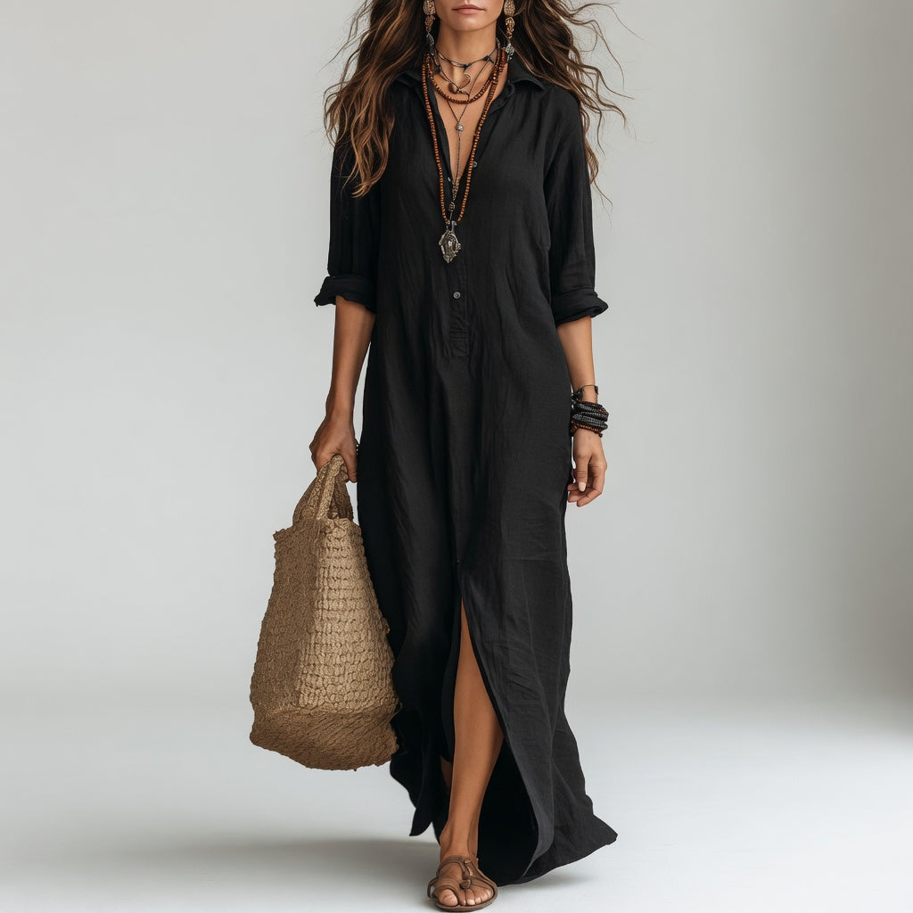 Violaine™ — Vestido largo tipo camisa de estilo bohemio y elegancia natural