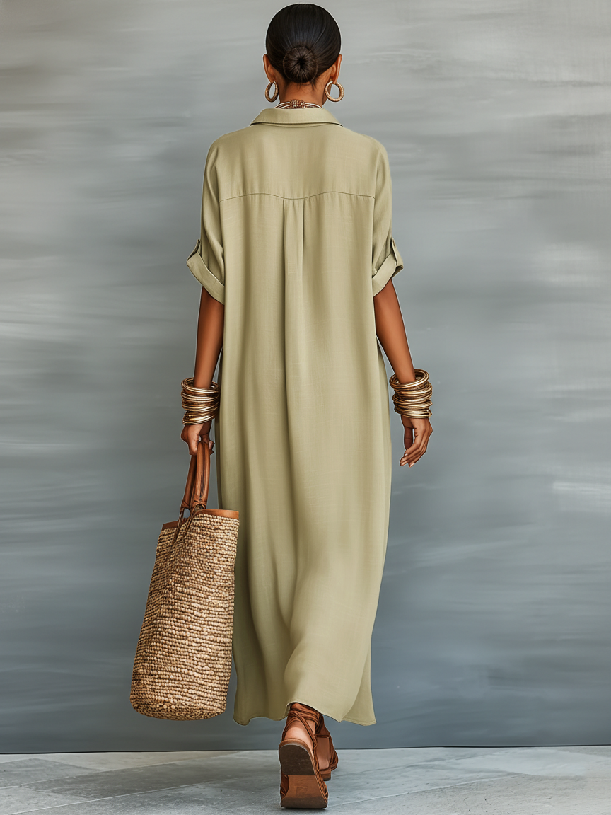 Joaquina | Vestido largo tipo camisa de lino mezclado, estilo minimalista y femenino