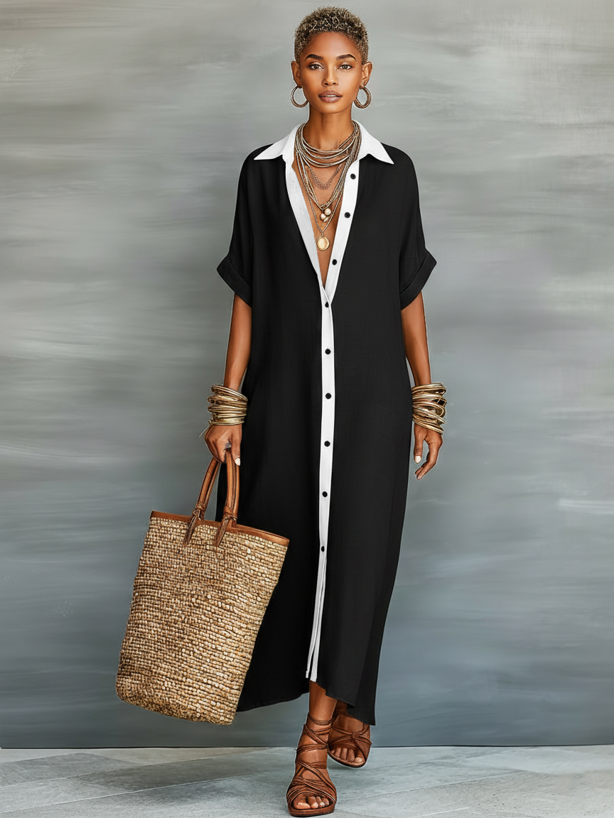Joaquina | Vestido largo tipo camisa de lino mezclado, estilo minimalista y femenino