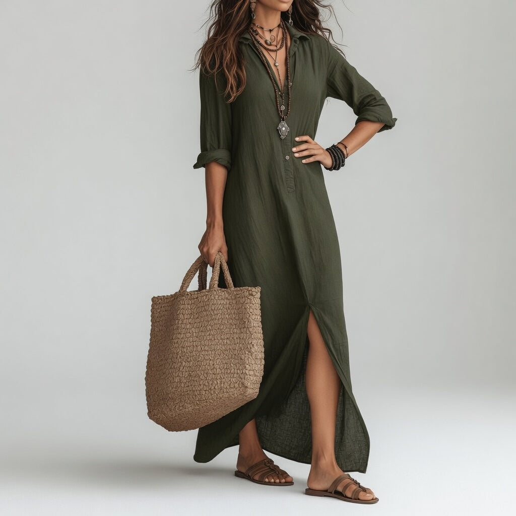 Violaine™ — Vestido largo tipo camisa de estilo bohemio y elegancia natural