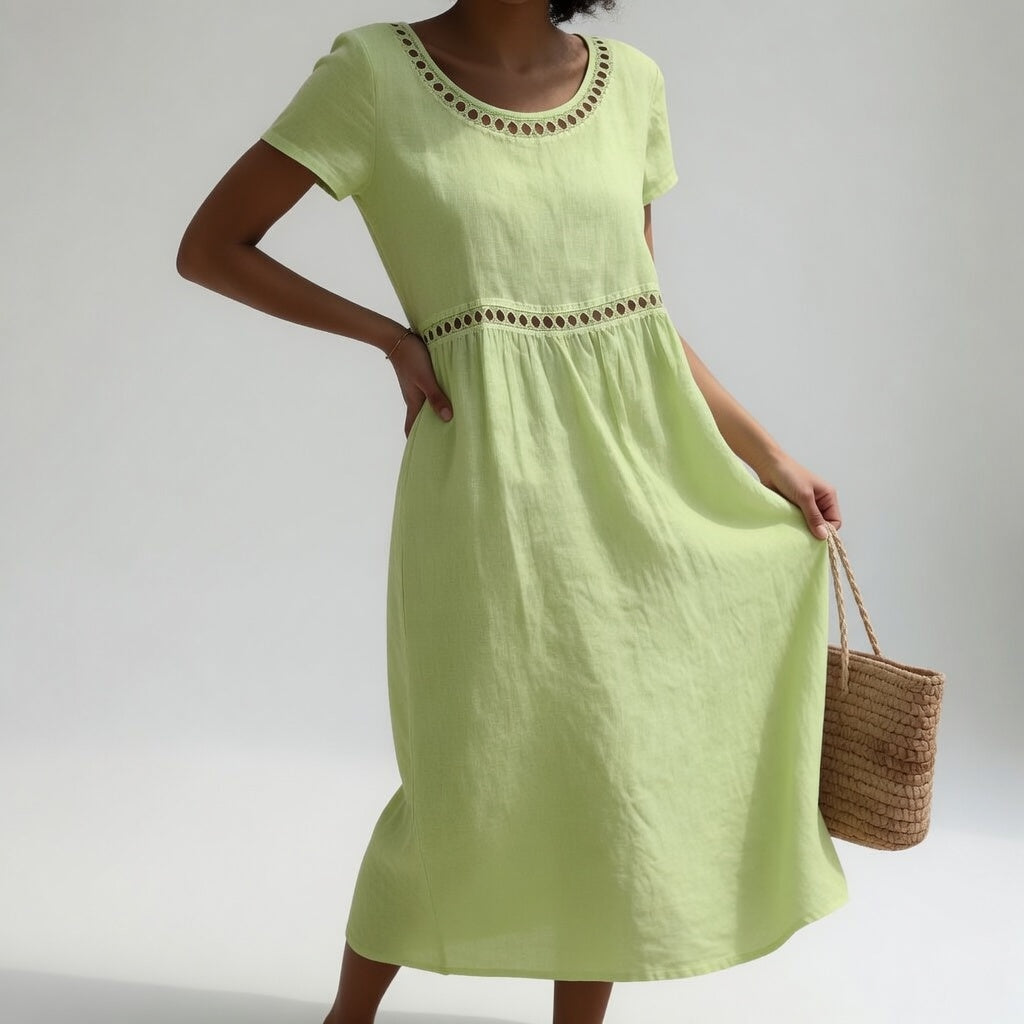 Pernelle™ — Vestido de largo medio, 100 % algodón, con bordados que le dan un toque femenino y delicado