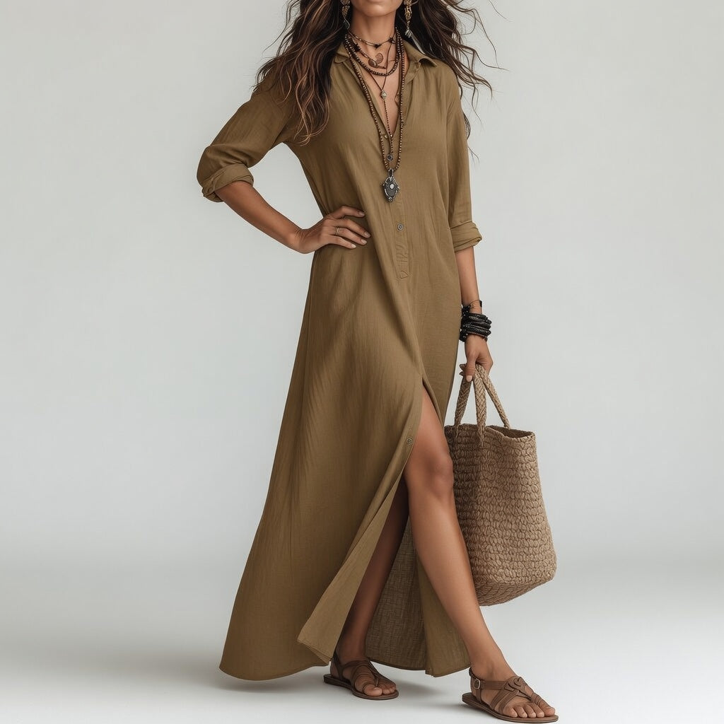 Violaine™ — Vestido largo tipo camisa de estilo bohemio y elegancia natural