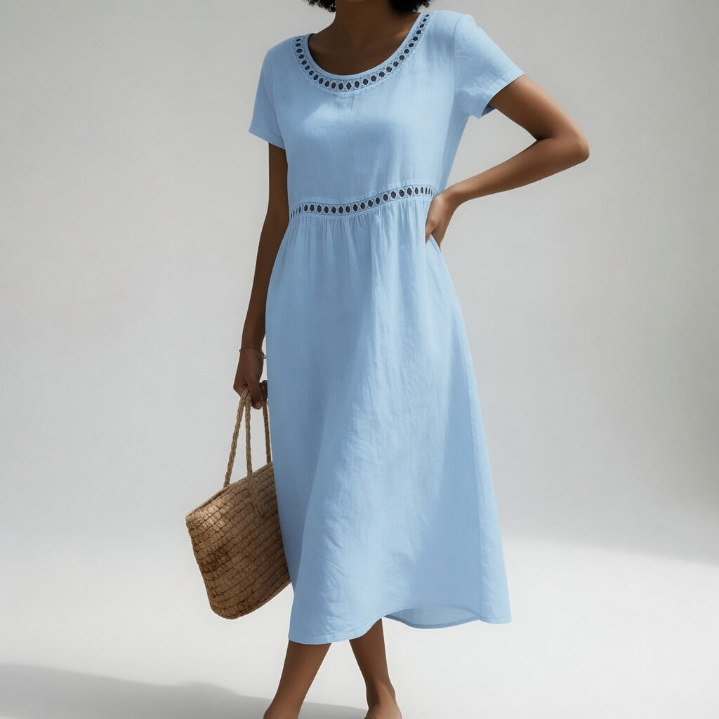 Pernelle™ — Vestido de largo medio, 100 % algodón, con bordados que le dan un toque femenino y delicado