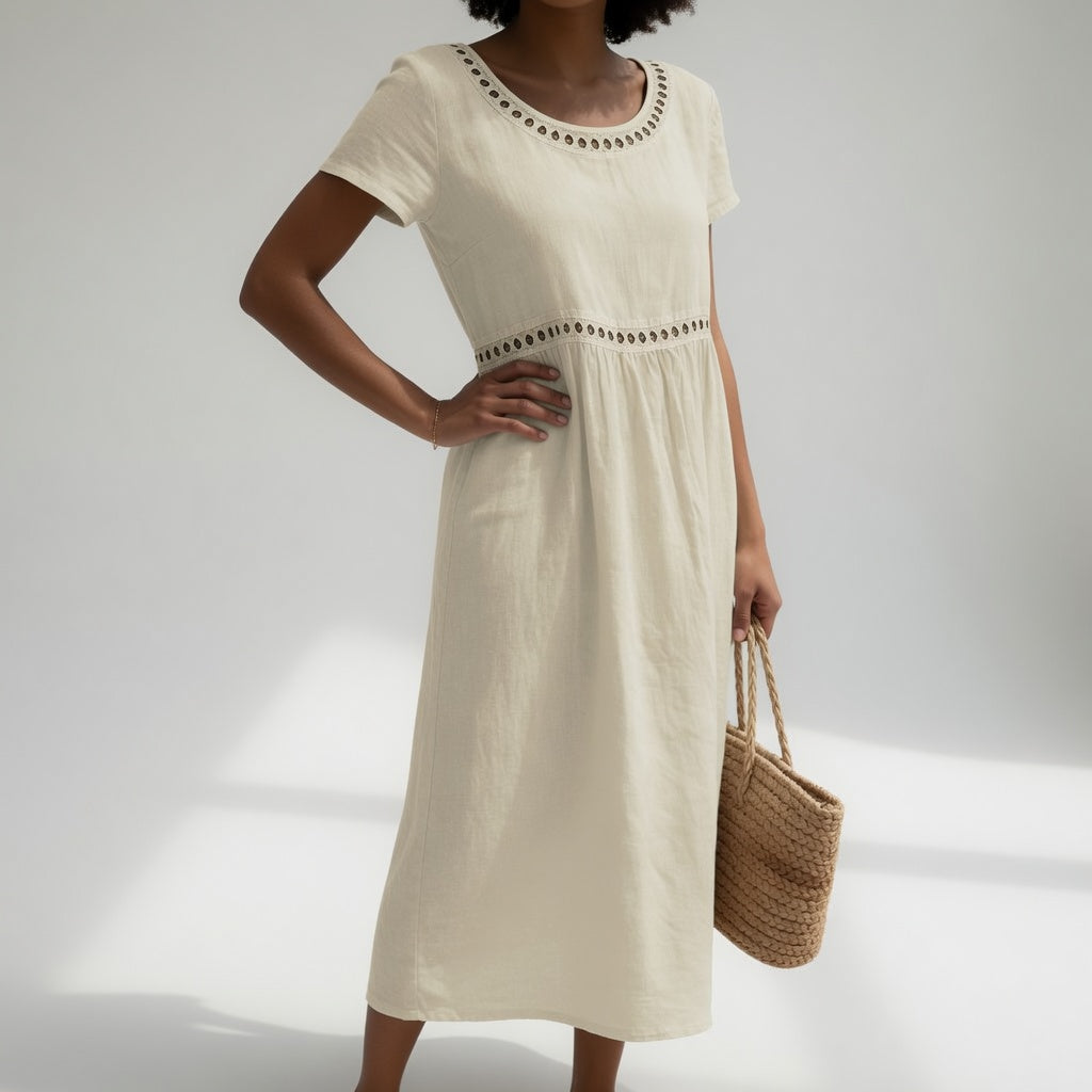 Pernelle™ — Vestido de largo medio, 100 % algodón, con bordados que le dan un toque femenino y delicado