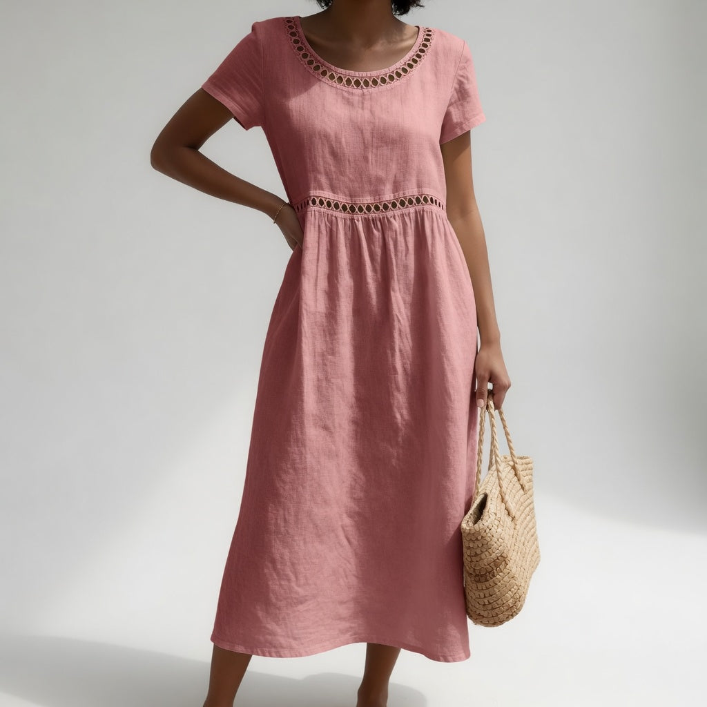 Pernelle™ — Vestido de largo medio, 100 % algodón, con bordados que le dan un toque femenino y delicado