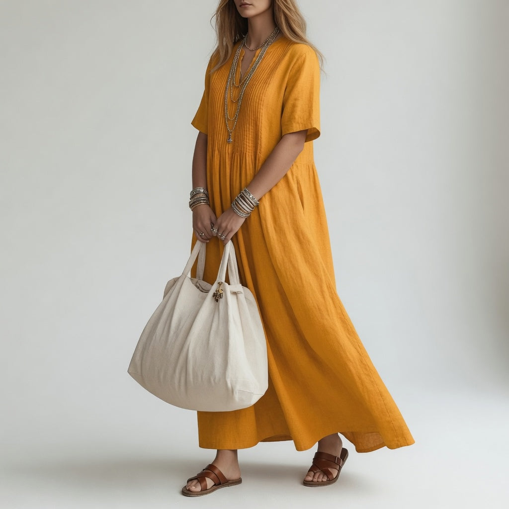 Pélagie™ — Vestido largo de algodón con cuello en V: libertad veraniega