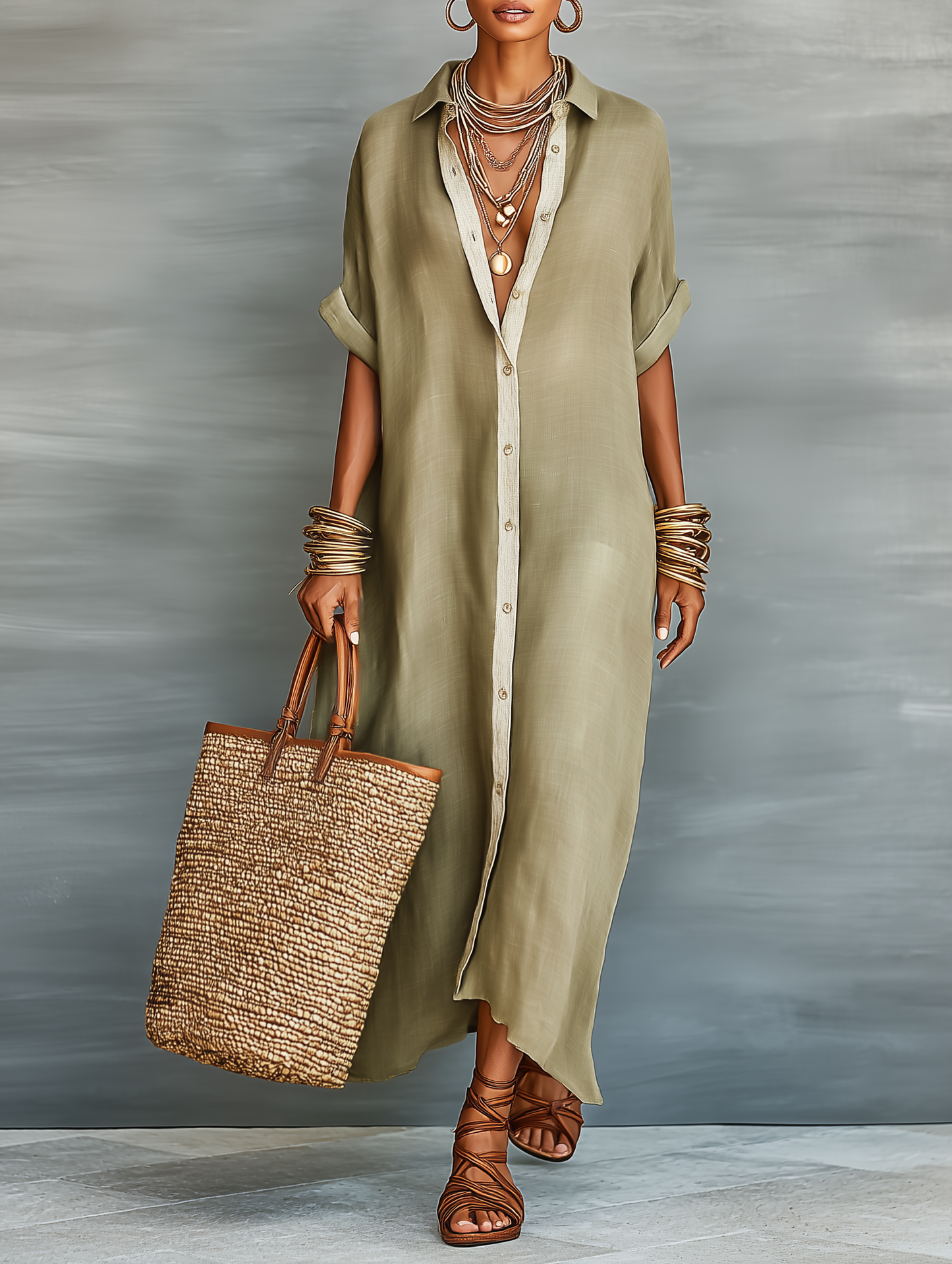 Joaquina | Vestido largo tipo camisa de lino mezclado, estilo minimalista y femenino