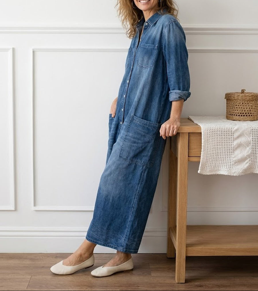Diana | Mono de denim de algodón con lavado vintage y cierre de botones