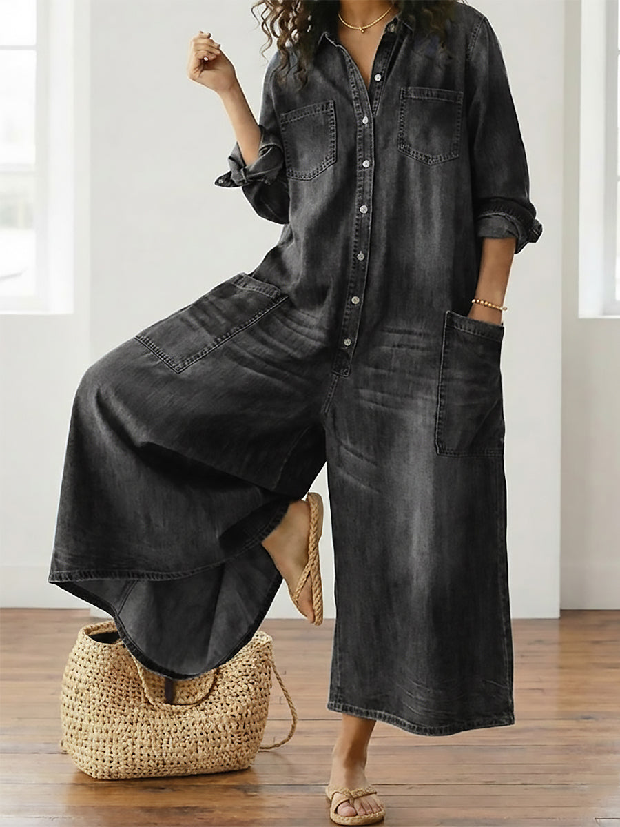 Diana | Mono de denim de algodón con lavado vintage y cierre de botones