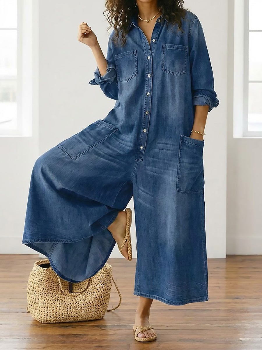 Diana | Mono de denim de algodón con lavado vintage y cierre de botones