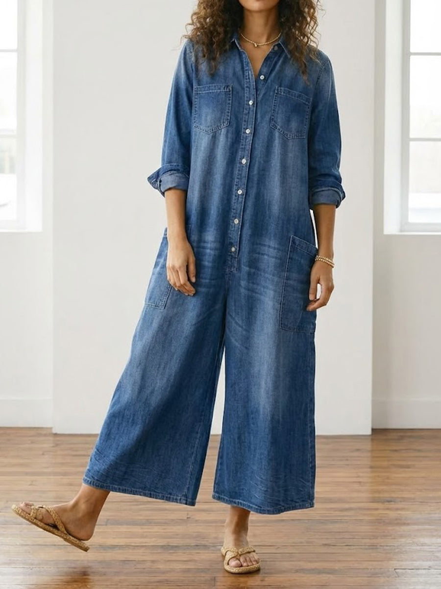 Diana | Mono de denim de algodón con lavado vintage y cierre de botones