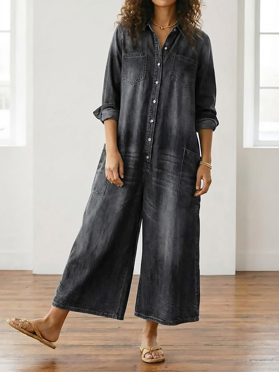 Diana | Mono de denim de algodón con lavado vintage y cierre de botones