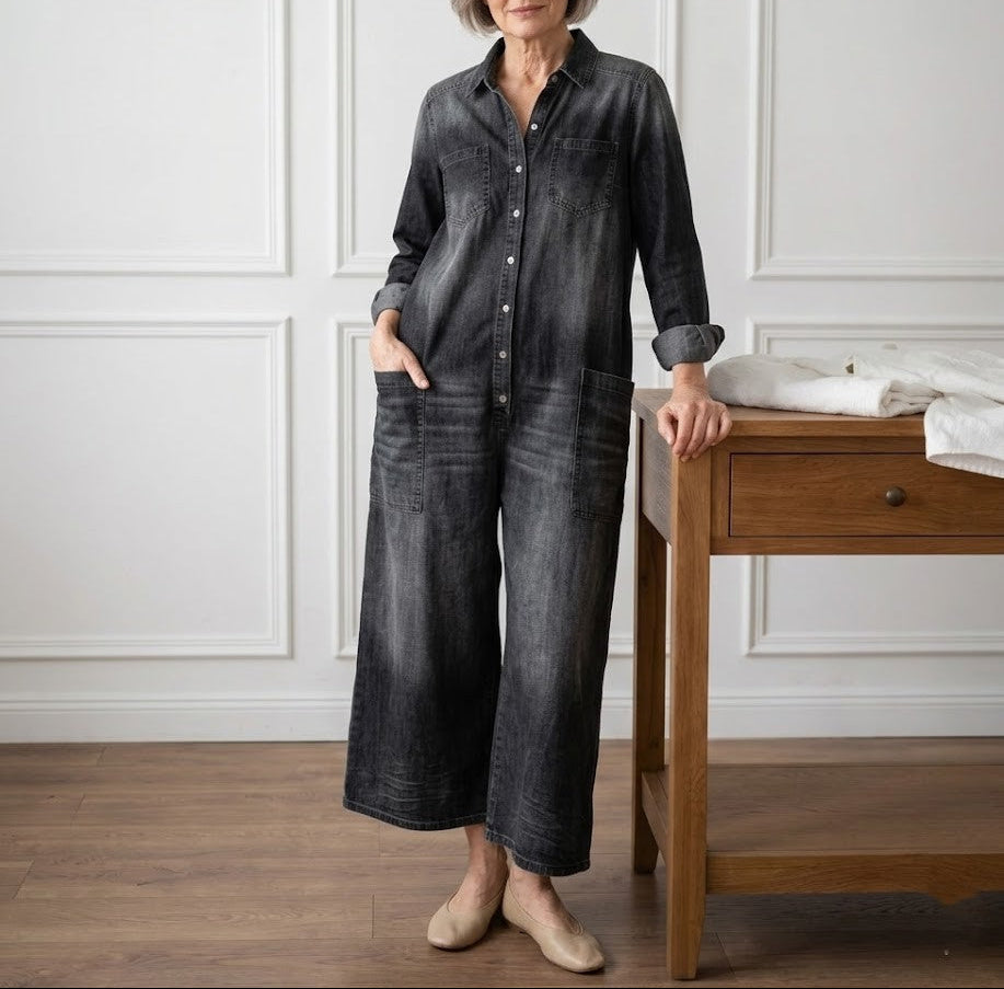 Diana | Mono de denim de algodón con lavado vintage y cierre de botones