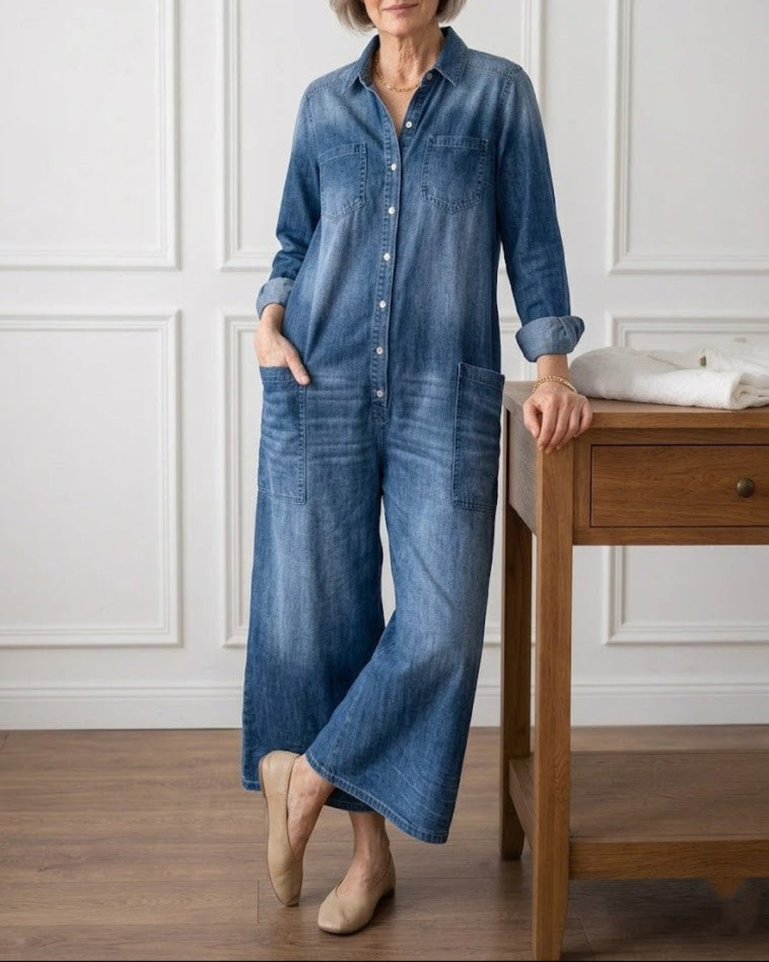 Diana | Mono de denim de algodón con lavado vintage y cierre de botones